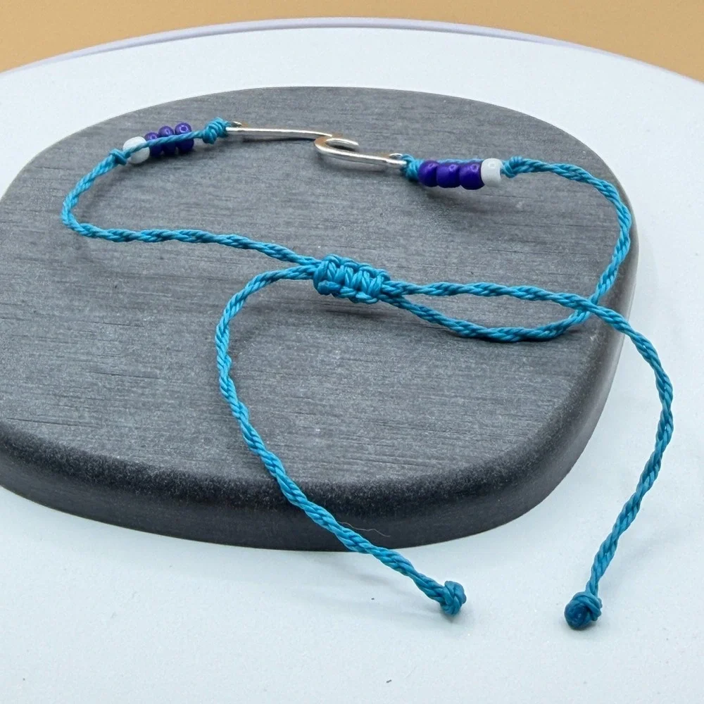 Silver Tone Ocean Wave Charm Blue Cord Purple Bead Adjustable Surfer Bracelet